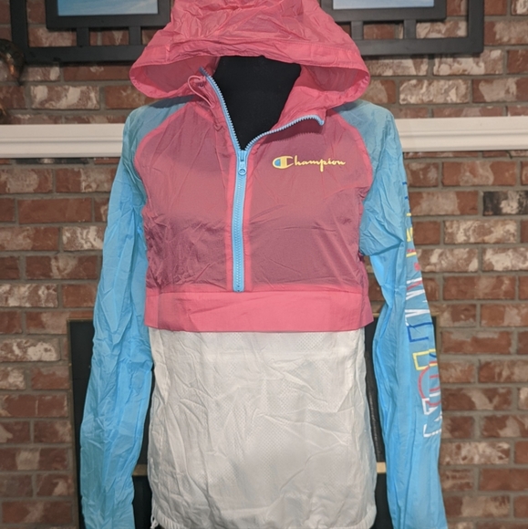 Champion Anorak/ Windbreaker Pullover In Baby Blue/Pink/White, Size S - Picture 2 of 6